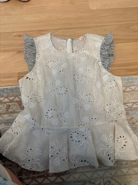 Rebecca Taylor White Eyelet Peplum Top with Striped Ruffle Sleeves